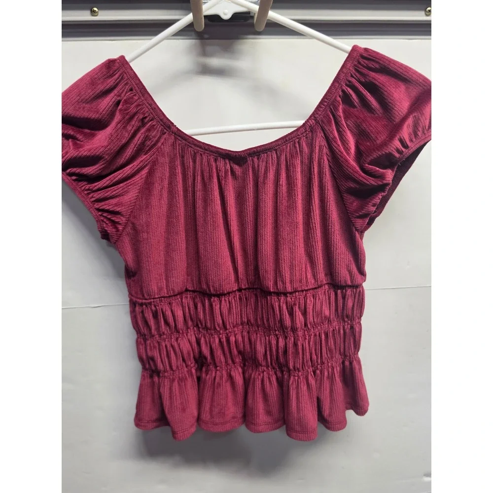Justice Girls Burgundy Ribbed Velour Smocked Peplum Top Size M 10 Short Sleeve